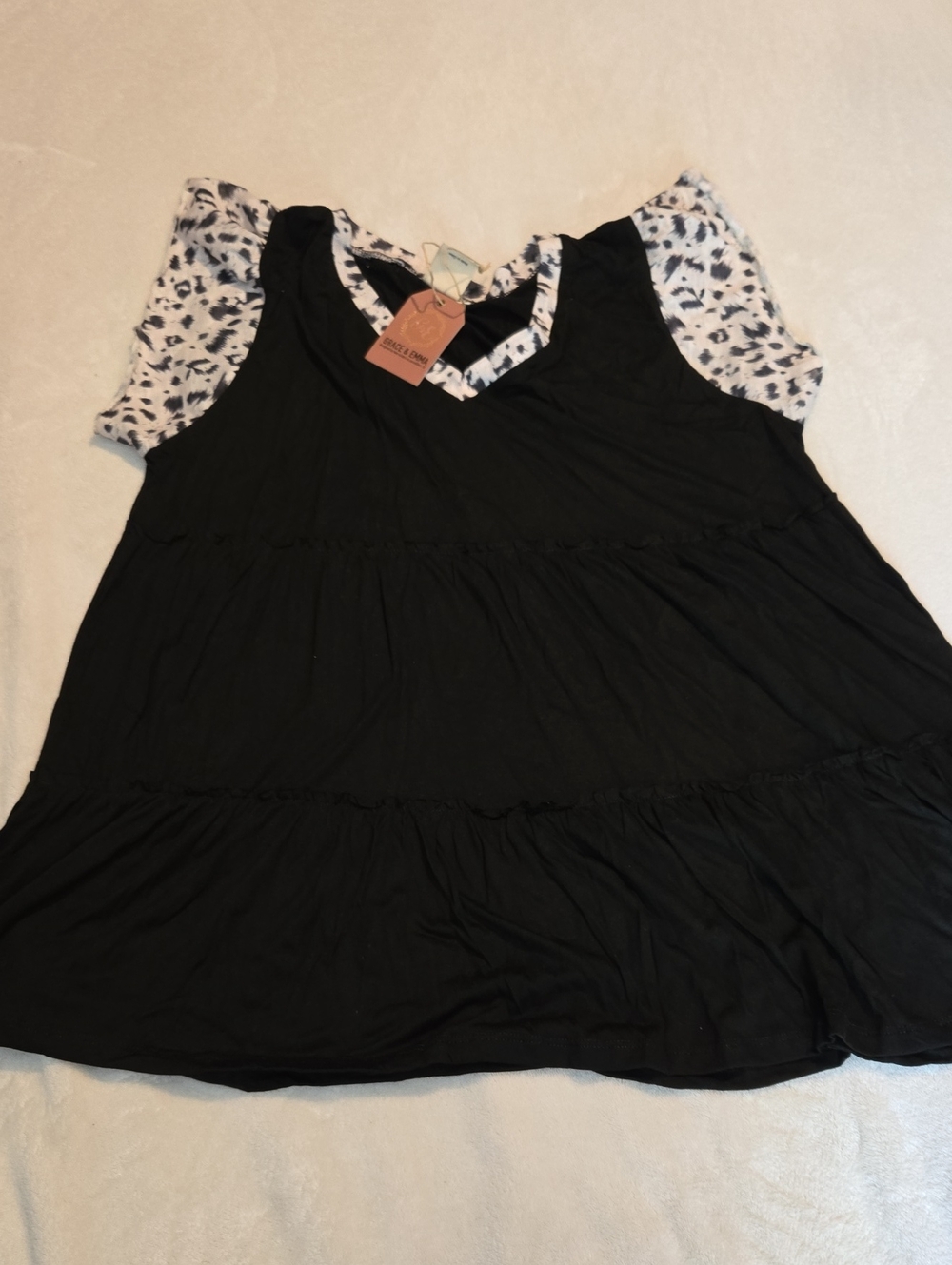 Black Tiered Short Sleeve Women's Top with Animal Print Sleeve & Neckline